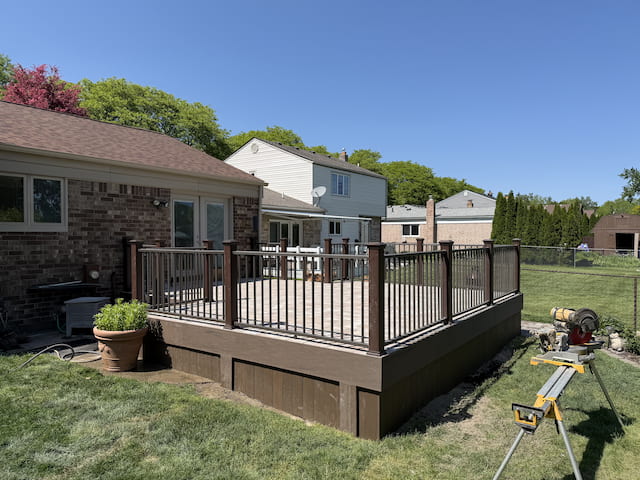 Elevated deck with dark railing
